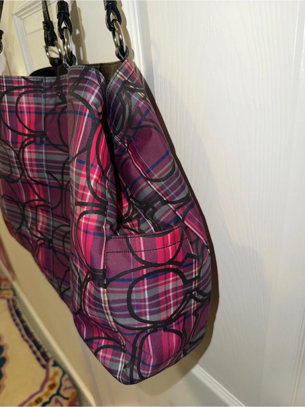Coach Poppy Plaid Tartan Glitter Carryall Tote Bag/ Purse in Pink/Purple/Black